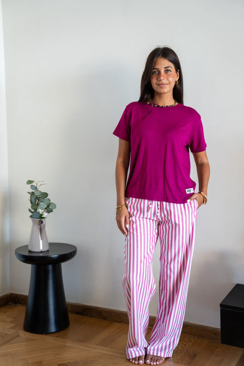 Women summer pajama set Fuchsia T-shirt + Fuchsia Stripes Pants